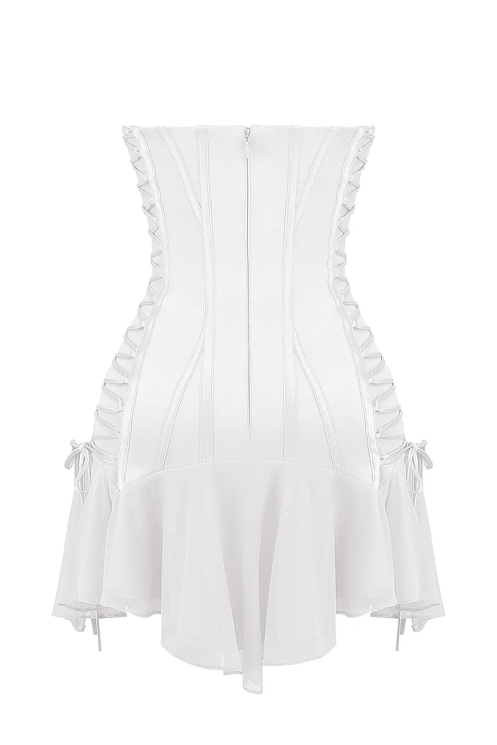 white strapless lace up mini dress