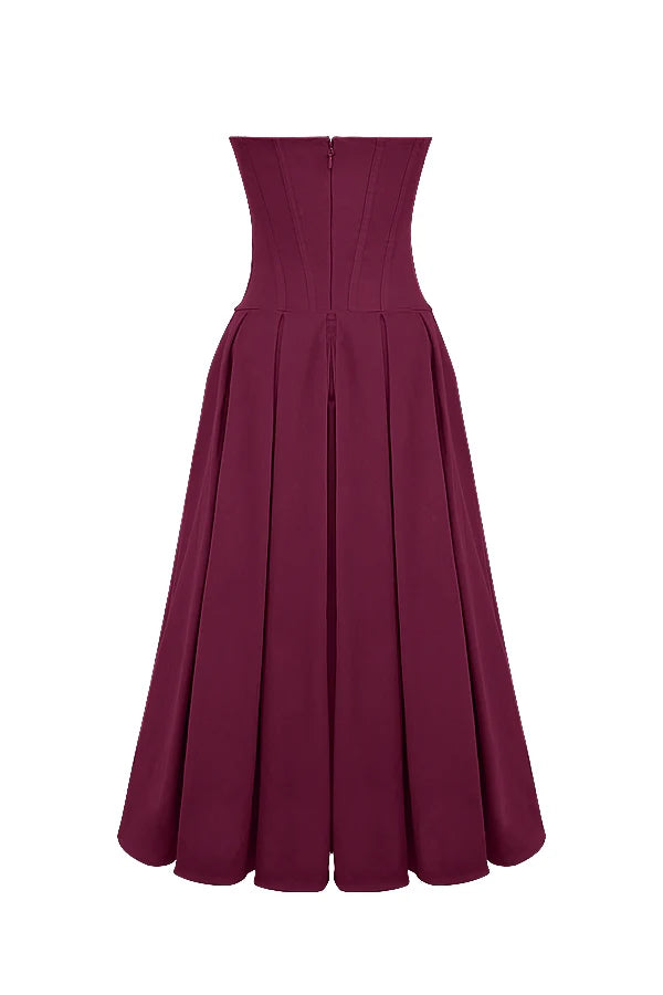 wine strapless midi dress