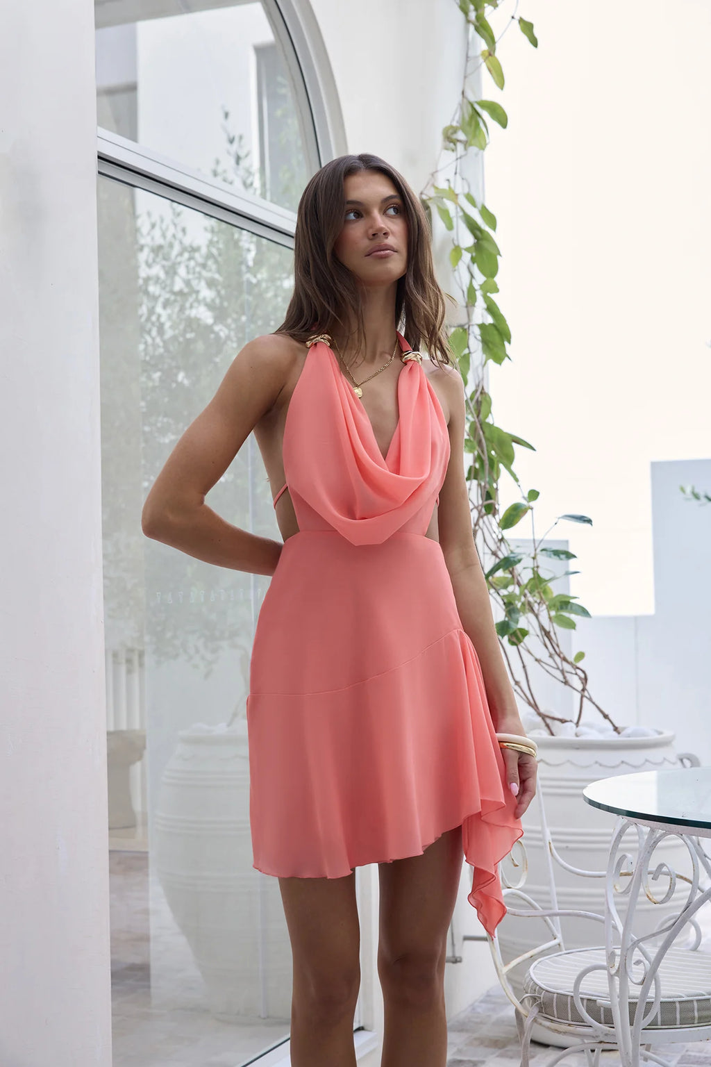 Gifted Hands Halter Mini Dress Coral