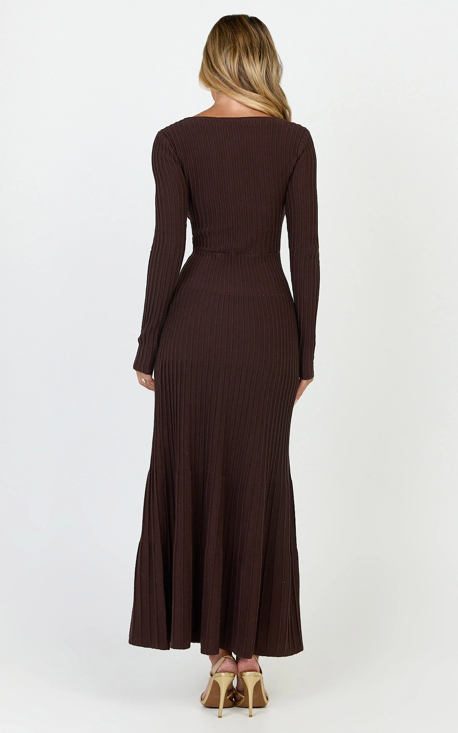 Maris Midi Dress - Keyhole and Hardware Neckline Long Sleeve Flared Dress in Choc