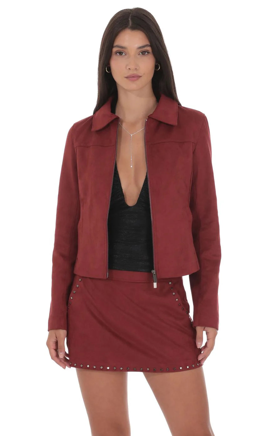 Suede Zip-Up Jacket in Maroon