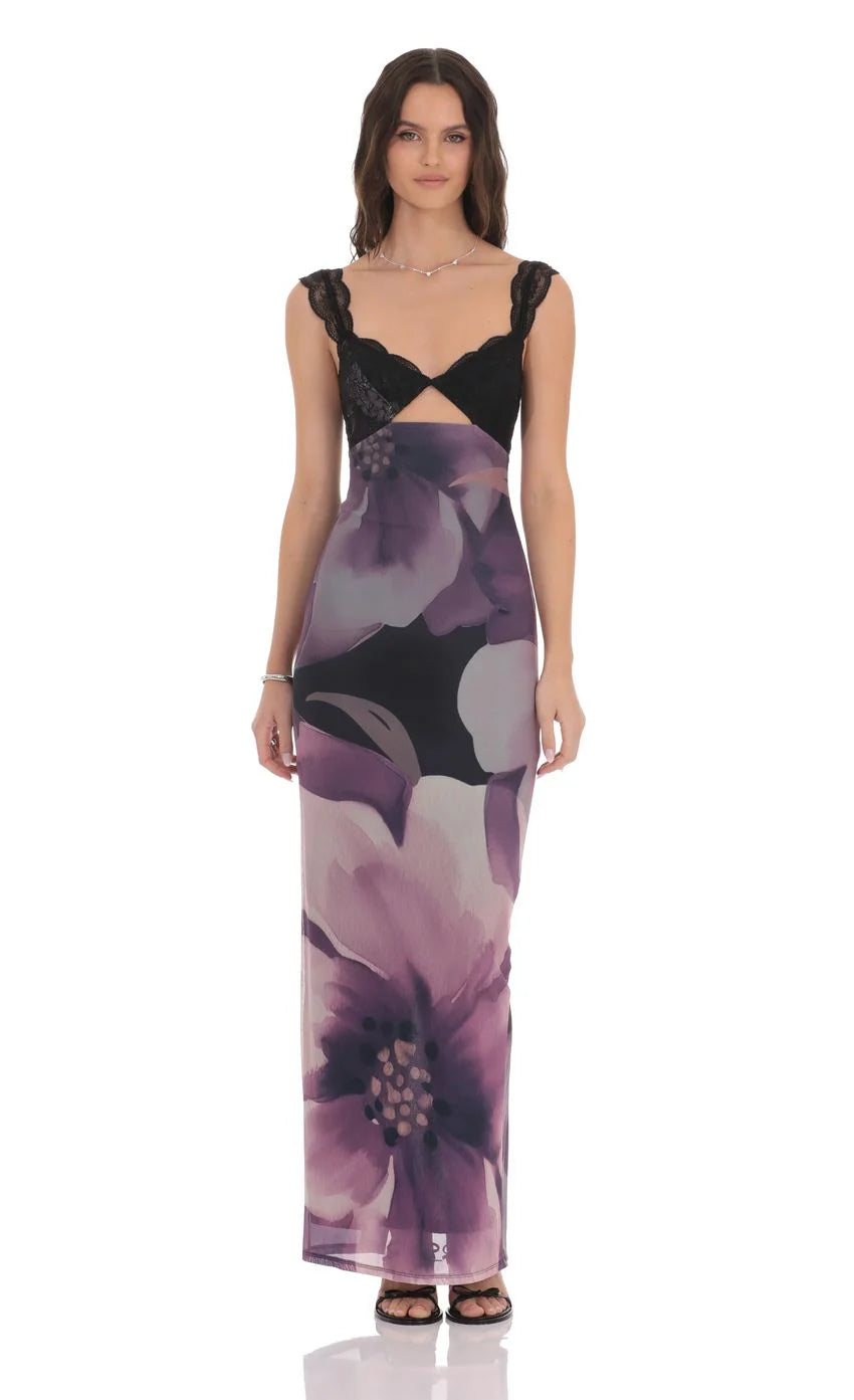 Cutout Lace Floral Maxi Dress in Purple