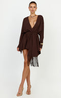 Ariette Mini Dress - Plunge Neck Fringe Detail Belt Dress in Chocolate