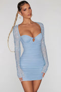 Embellished Long Sleeve Mini Dress in Blue