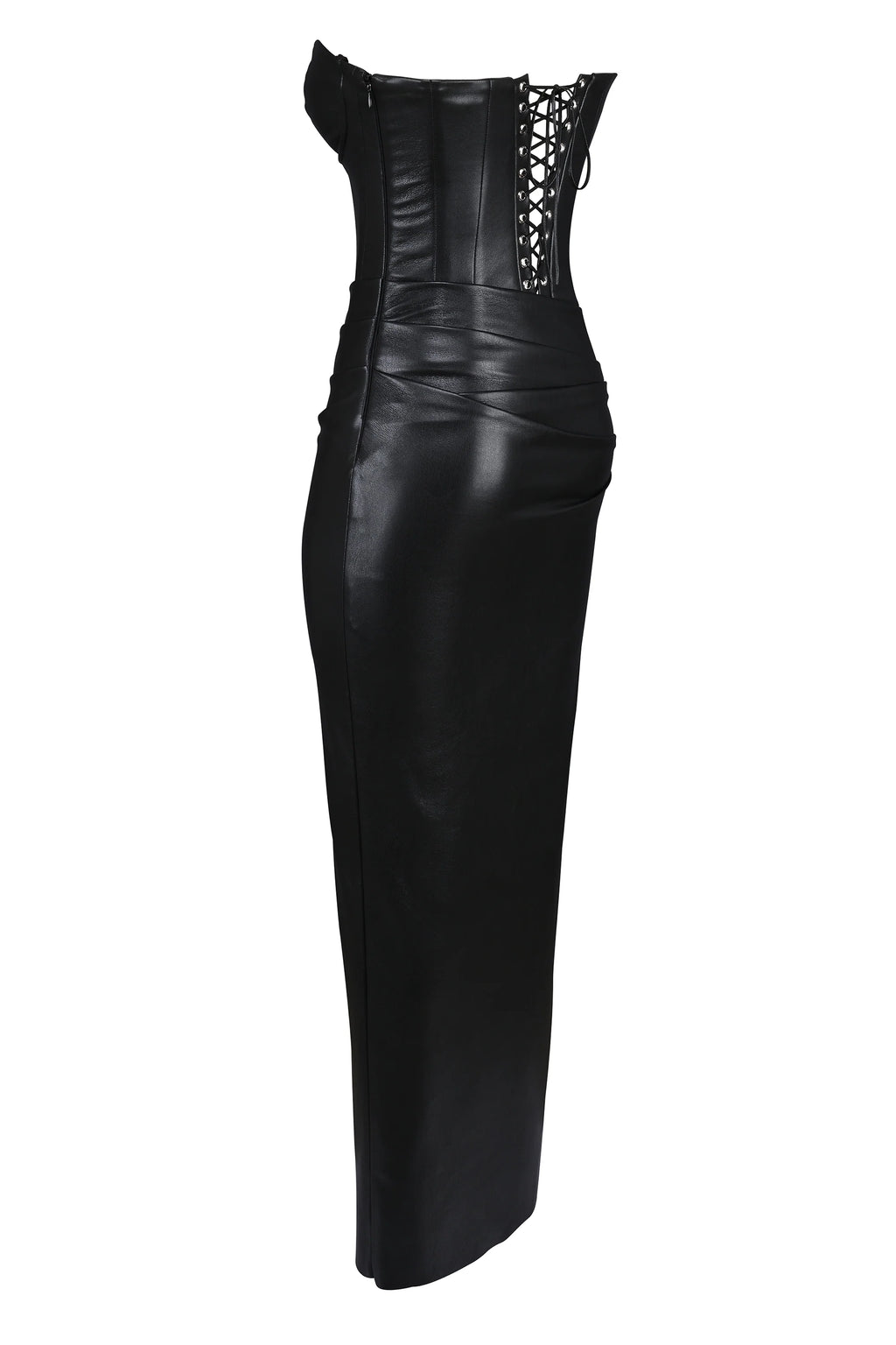 black strapless vegan leather midi dress