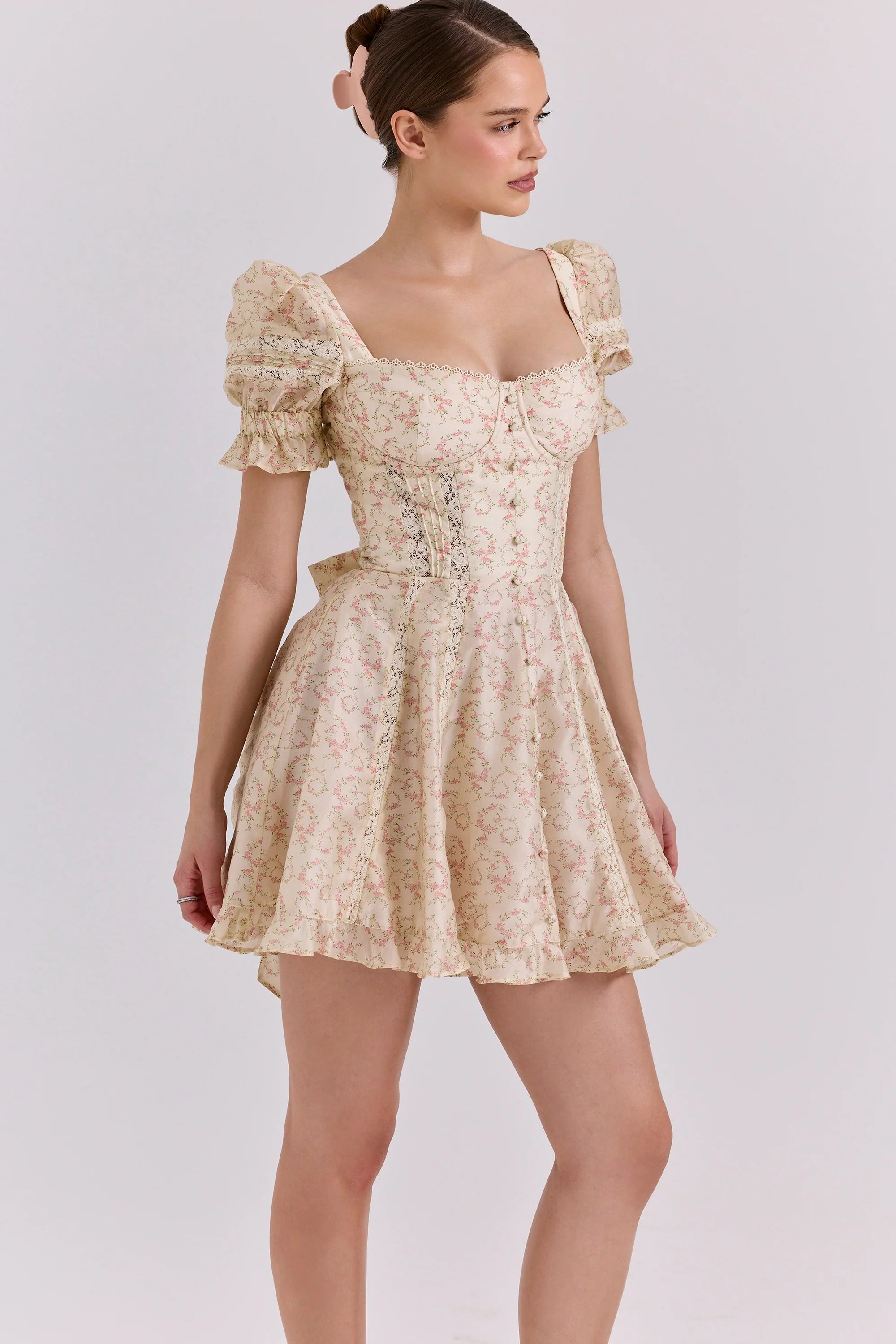 cream floral print chiffon puff sleeve mini dress