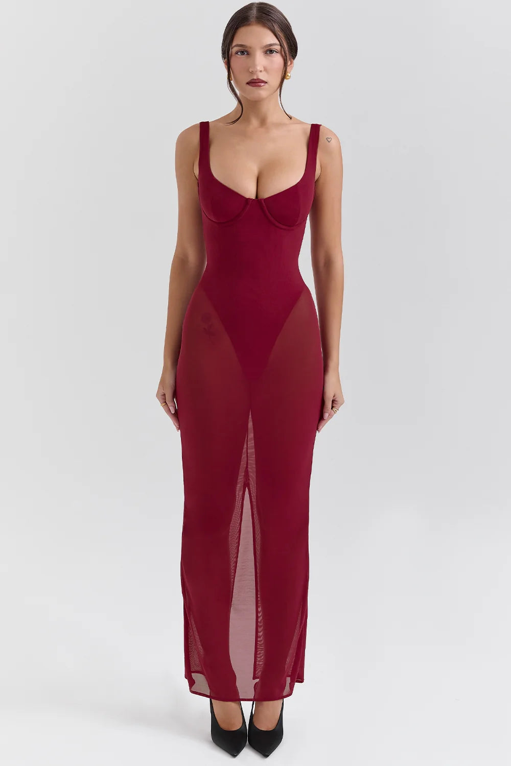 wine stretch mesh maxi dress