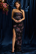 Bandeau Cowl-Neck Maxi Dress in Black Floral Print