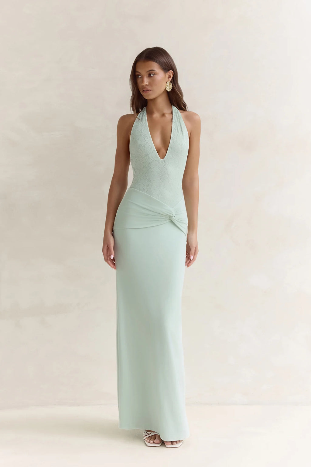 Seaside Glow Halter Maxi Dress Sage