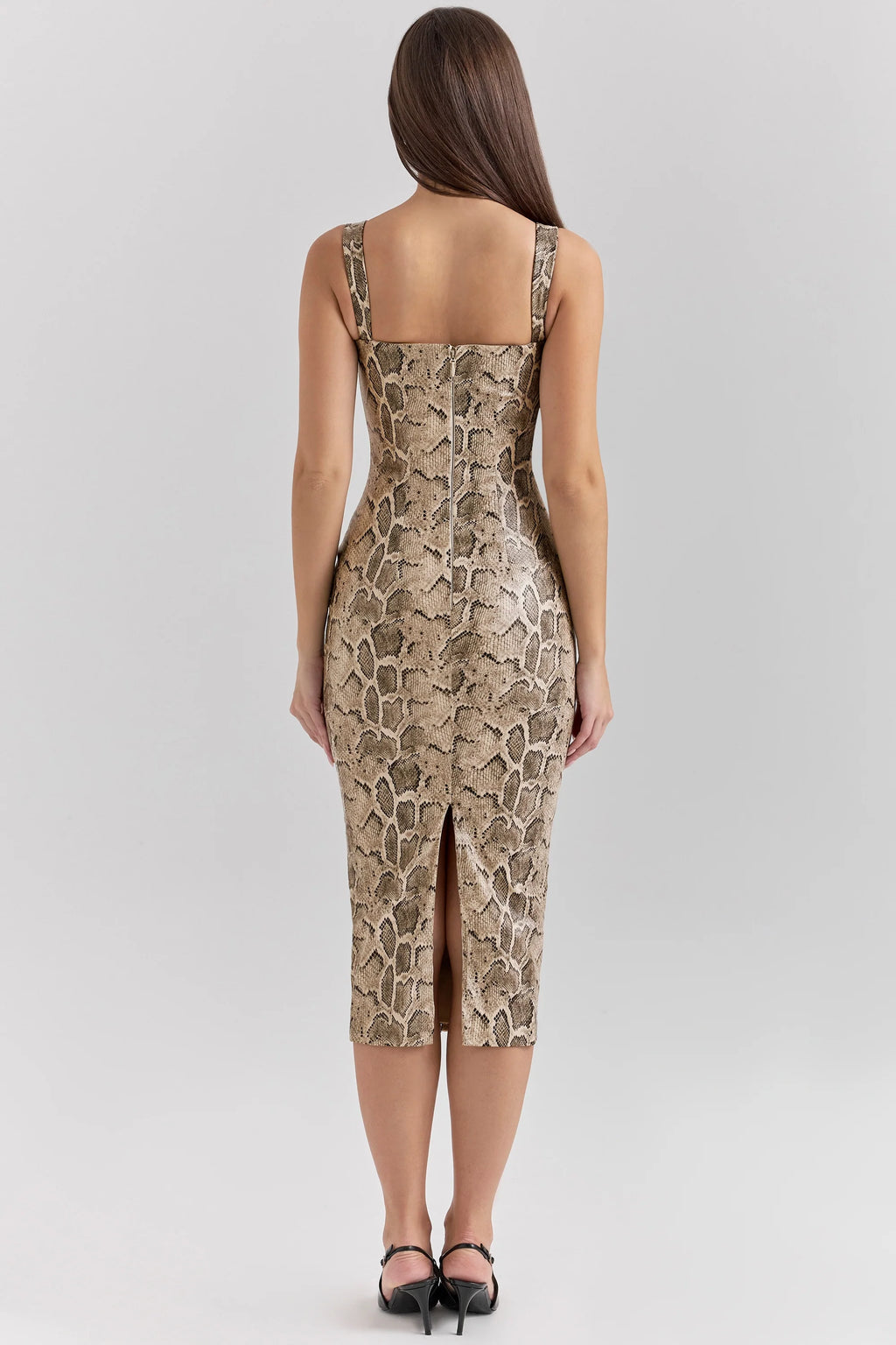 snakeskin print vegan leather midi dress