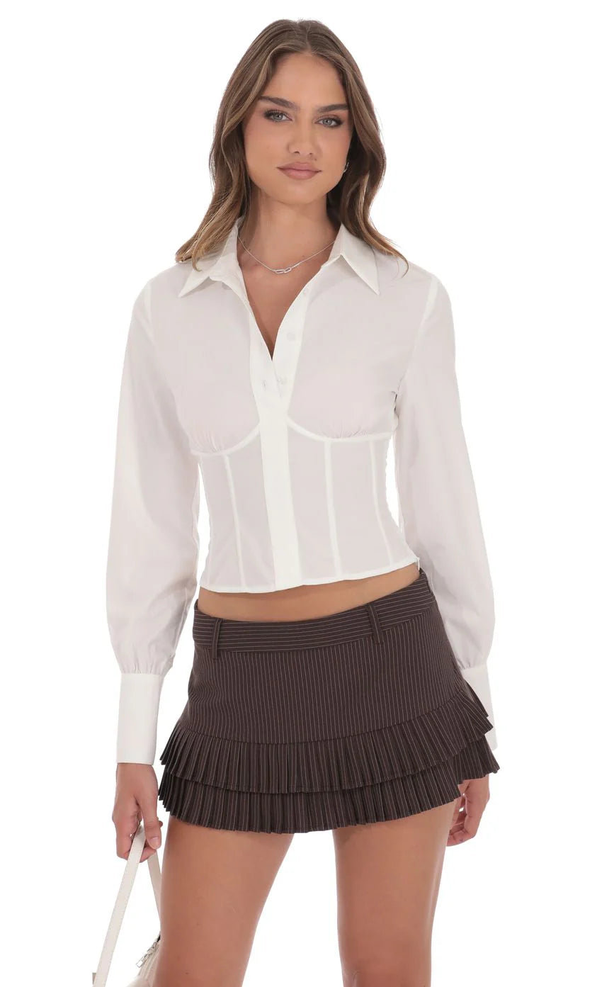Pinstripe Pleated Ruffle Skort in Brown