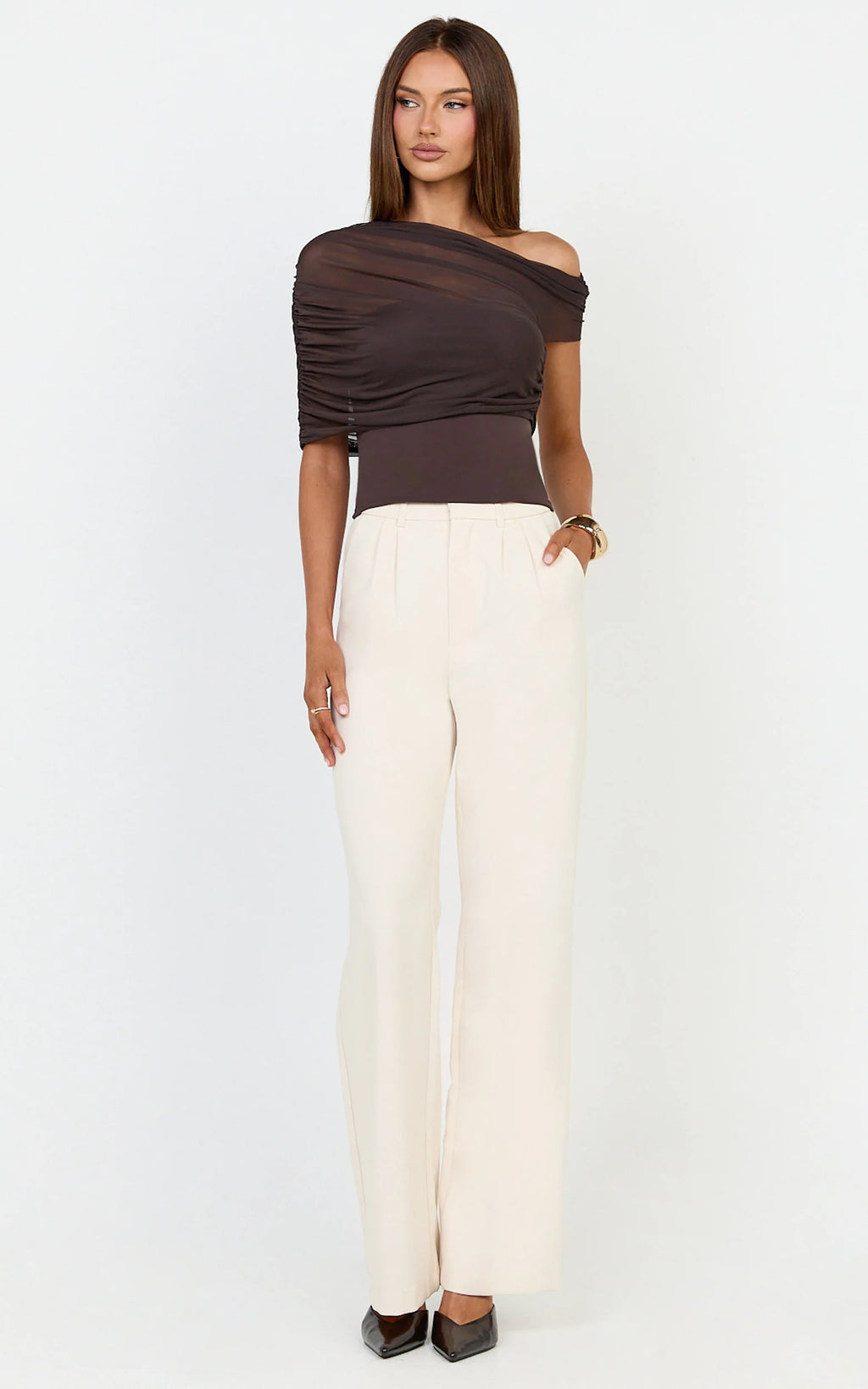 Sophia Top - Draped One Shoulder Mesh Overlay Top in Chocolate