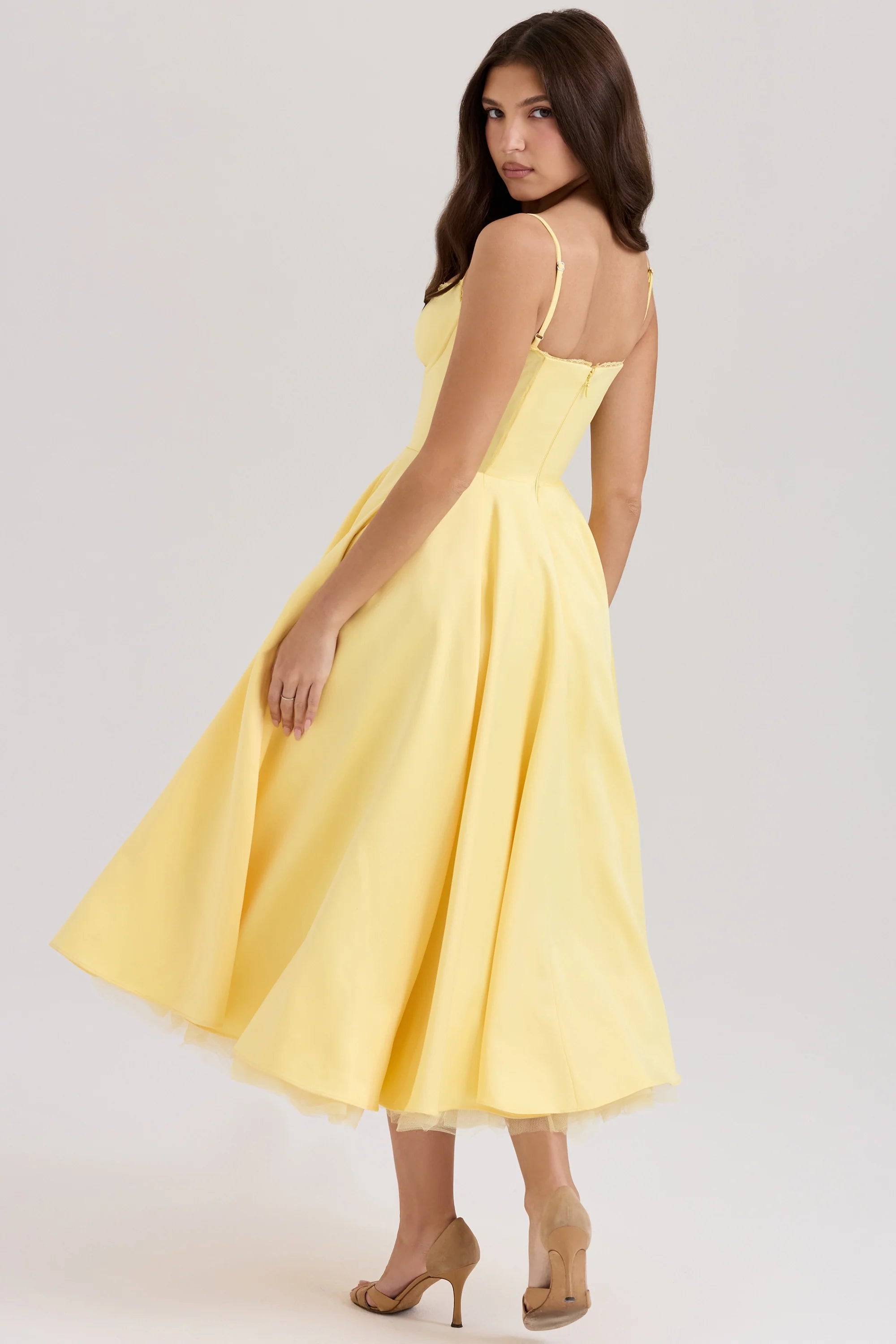 sunshine yellow satin tulle midi dress