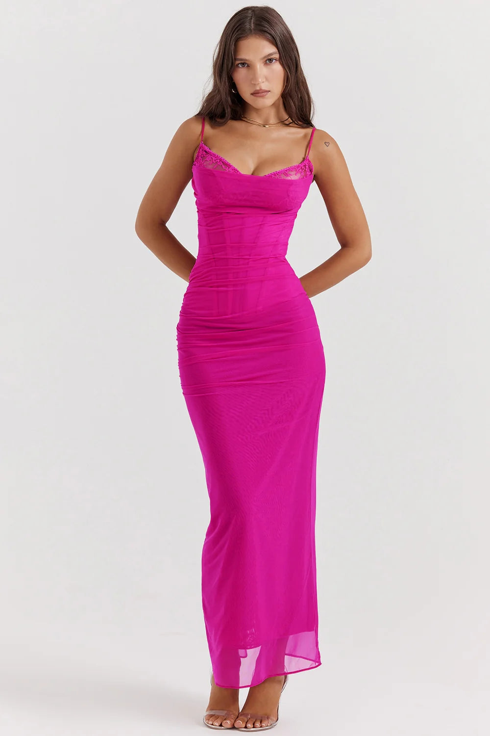 fuchsia stretch mesh maxi dress
