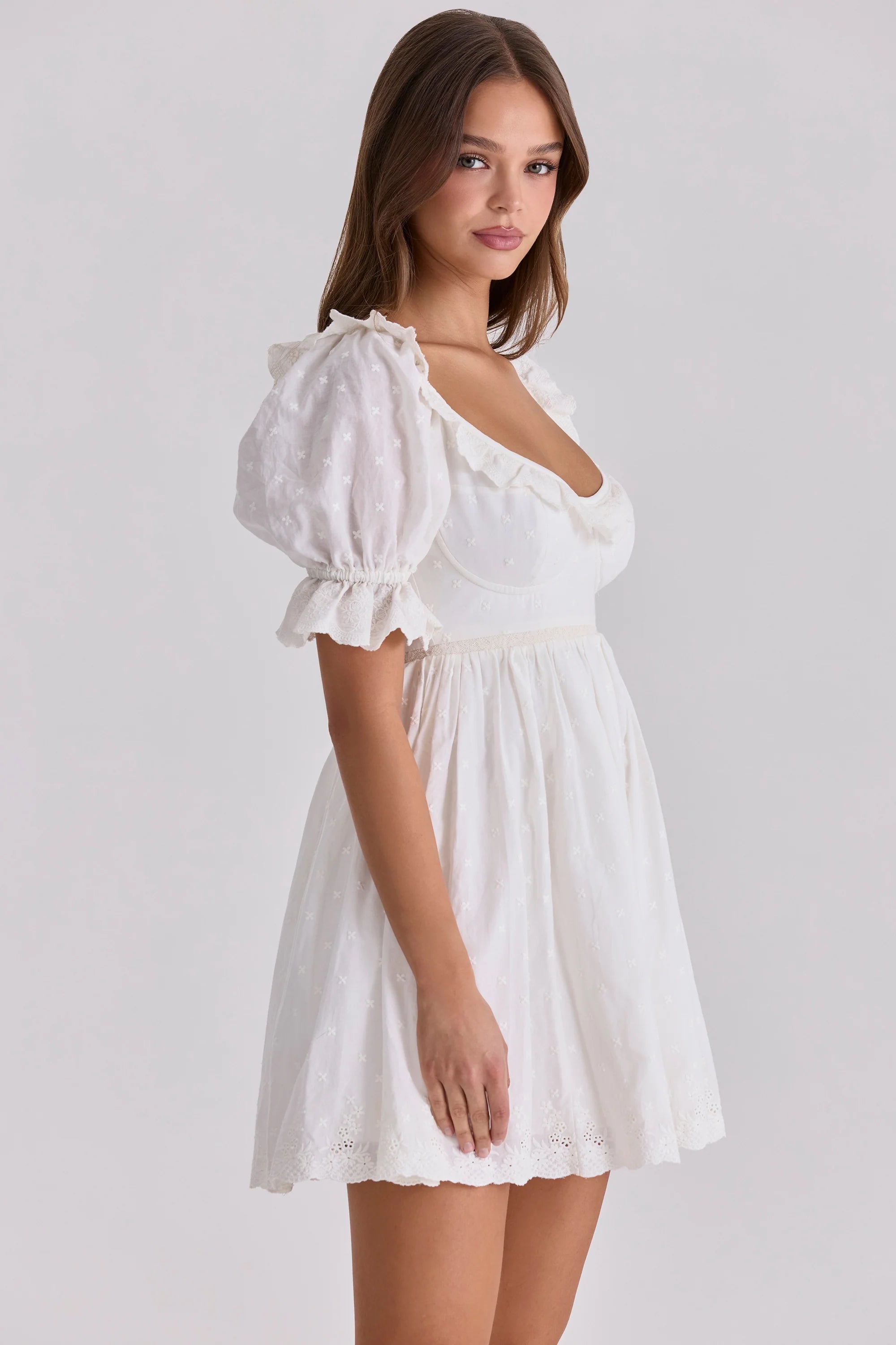 white broderie anglaise regency babydoll mini dress