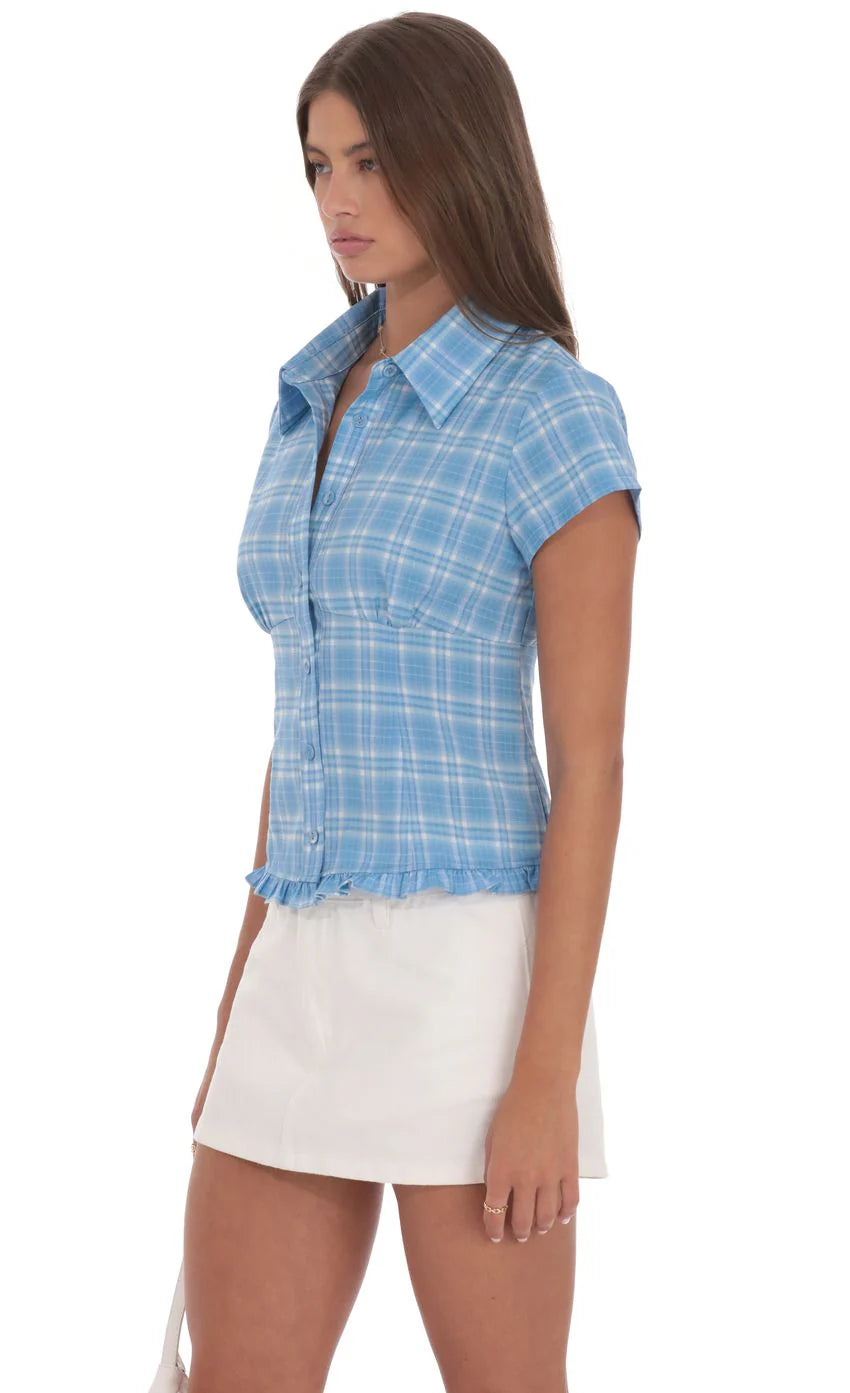 Plaid Button-Up Ruffle Top in Blue