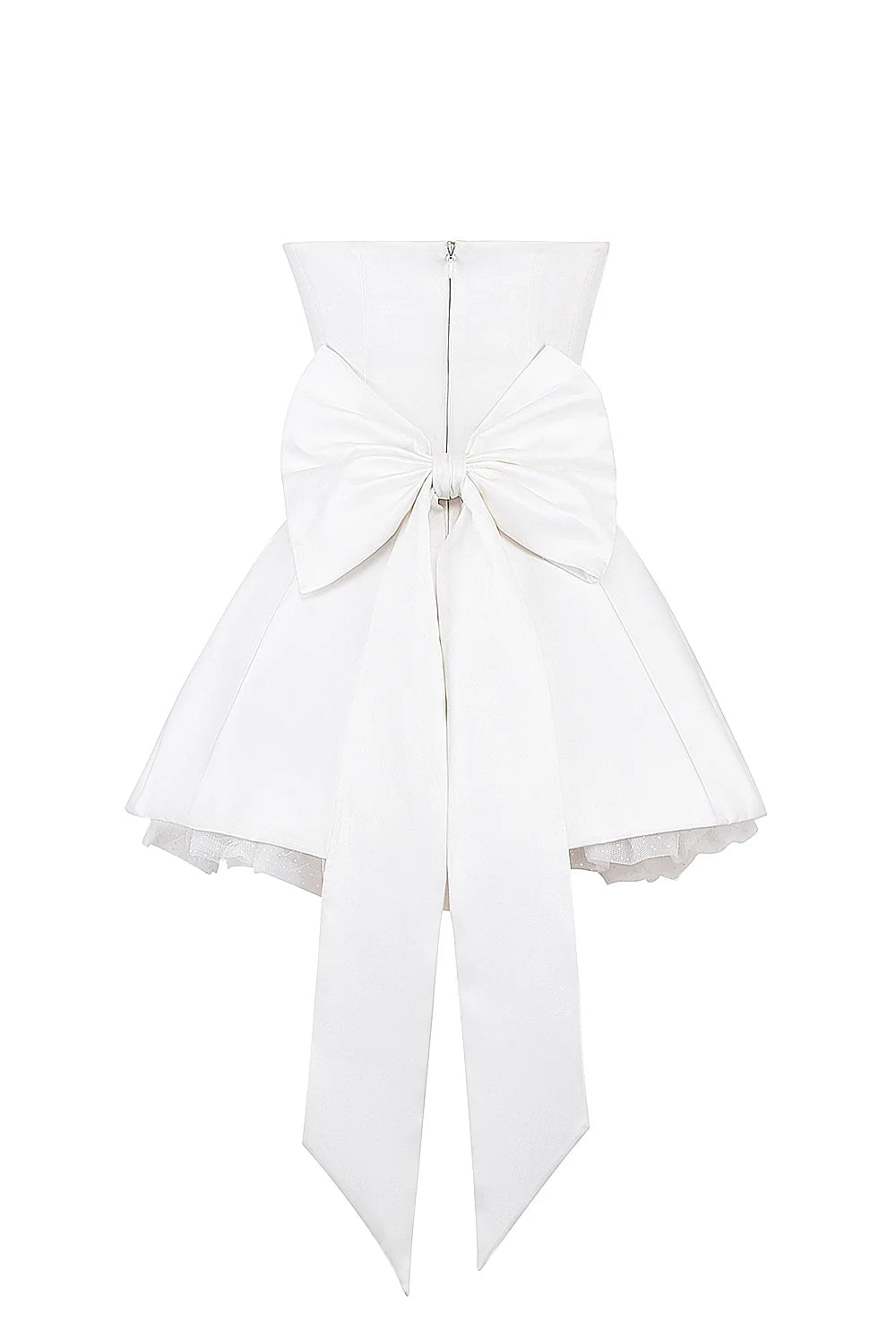 white satin strapless bow mini gown