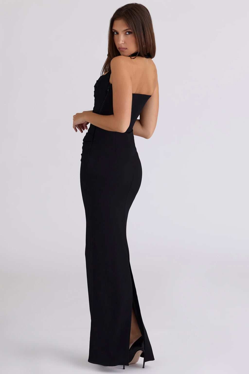black scuplting halter neck maxi dress