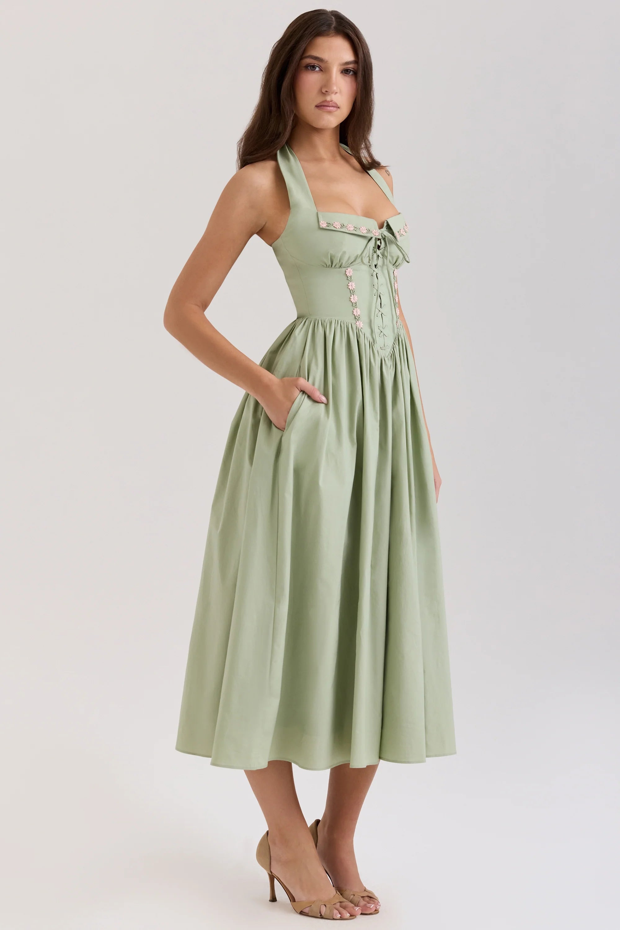 sage stretch cotton halter neck midi dress