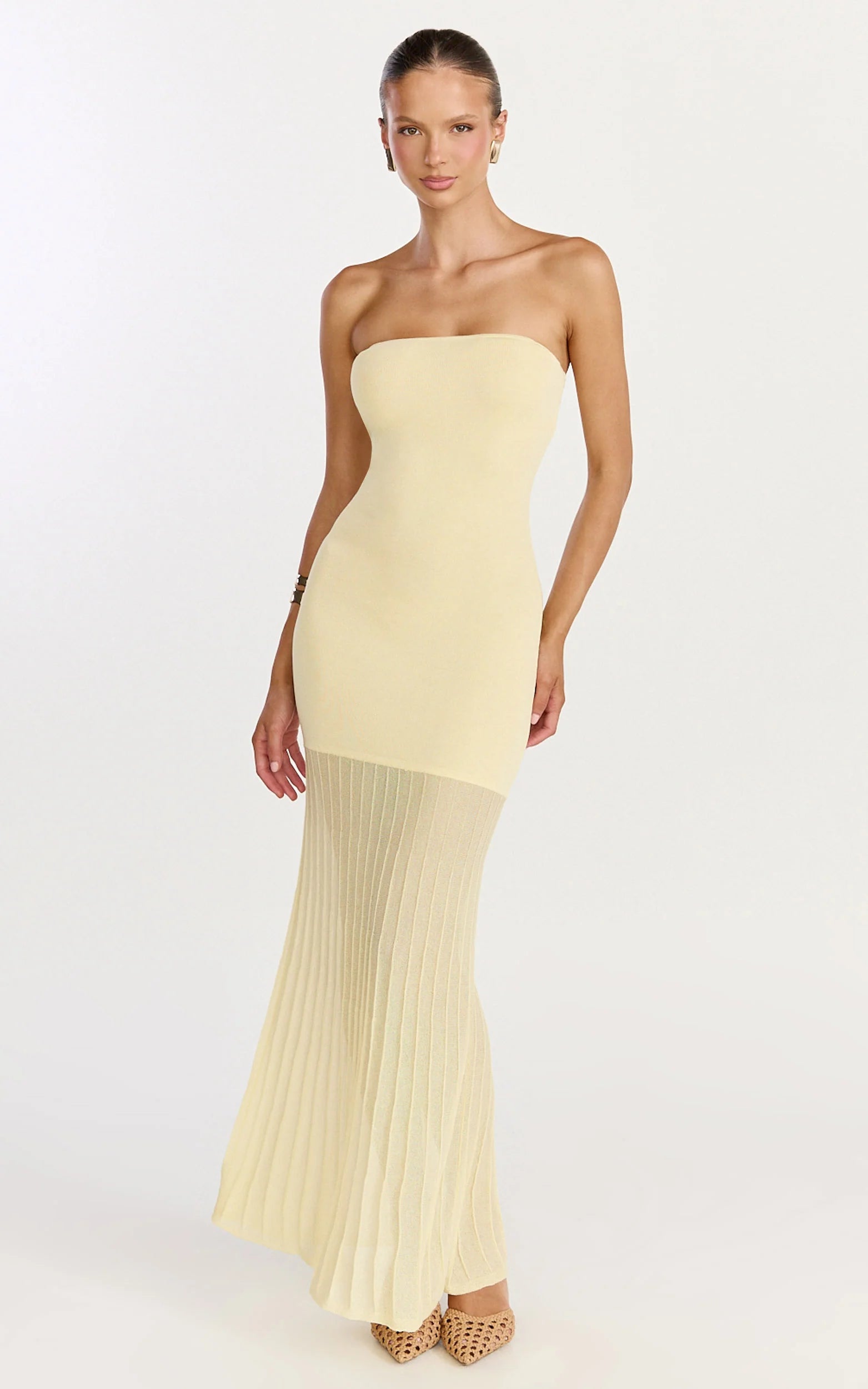 Lucy Maxi Dress - Strapless Pleated Skirt Knitted Dress in Lemon