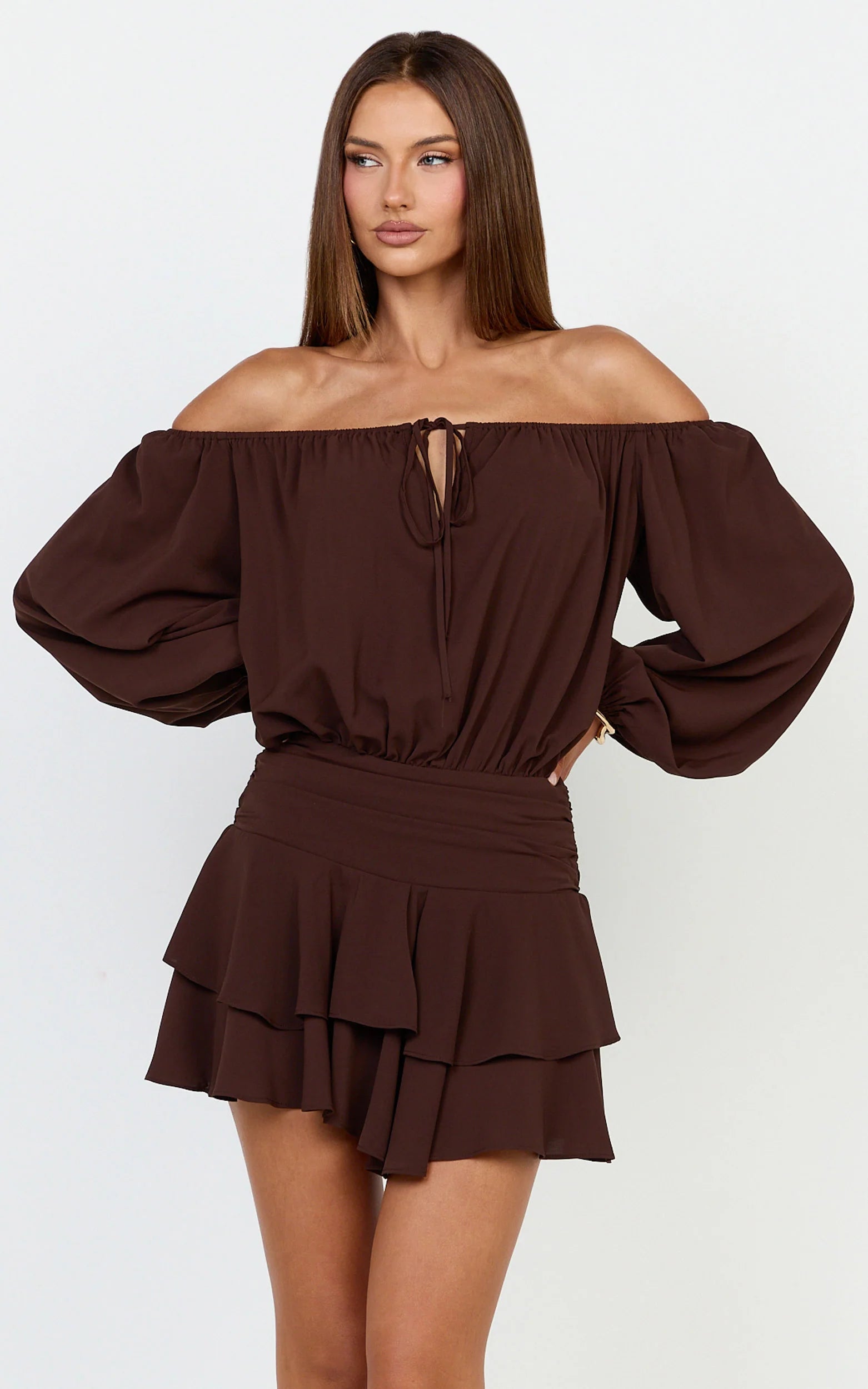 Sailor Mini Dress - Off Shoulder Ruffle Skirt Dress in Chocolate