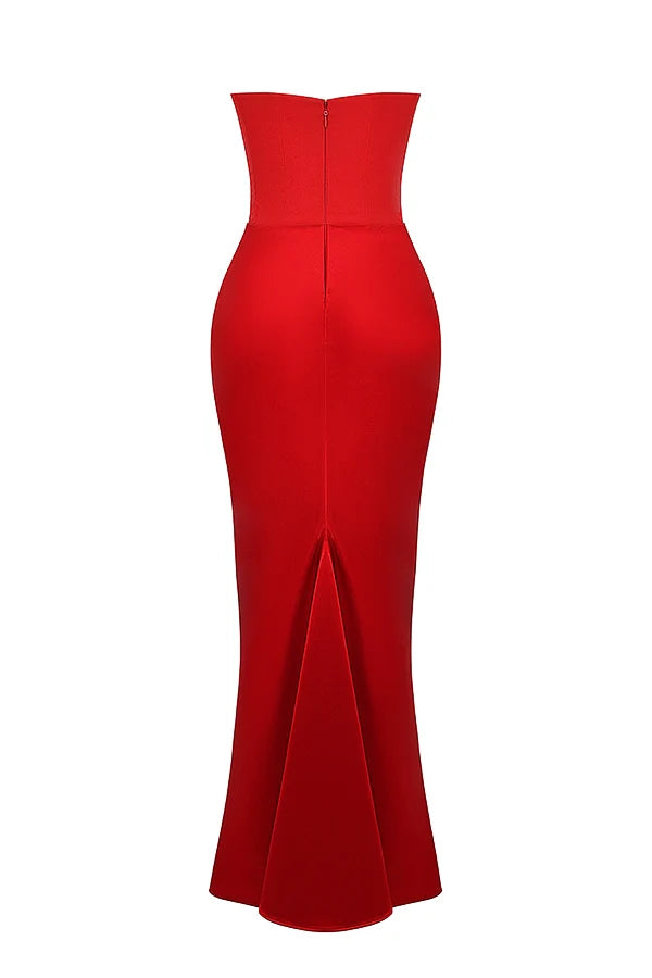 scarlet strapless corset maxi dress
