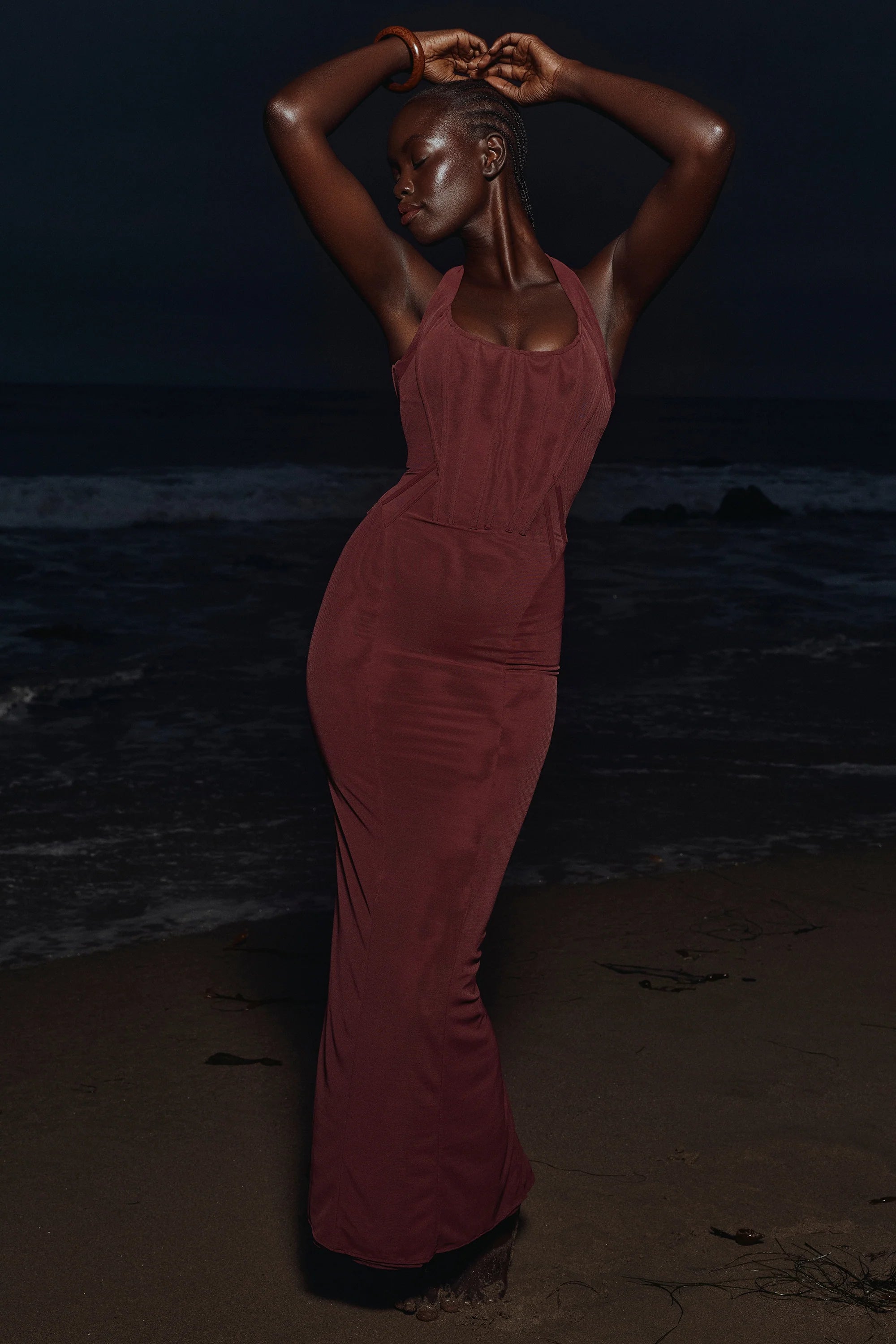 grape stretch mesh halter neck midi dress
