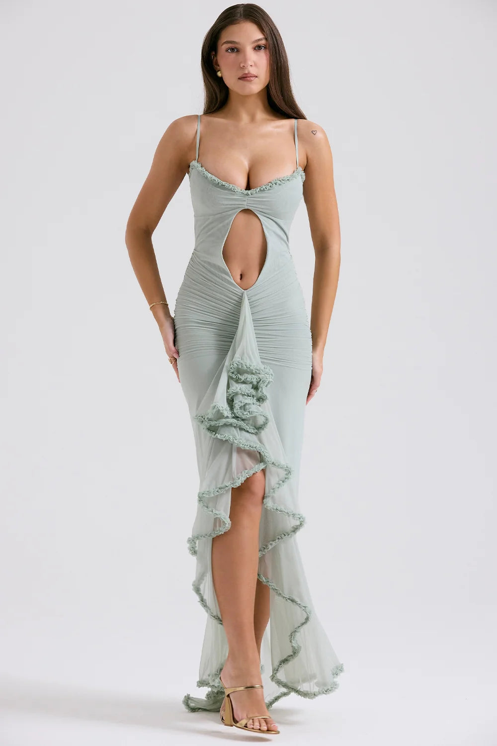 pistachio ruffled front gown