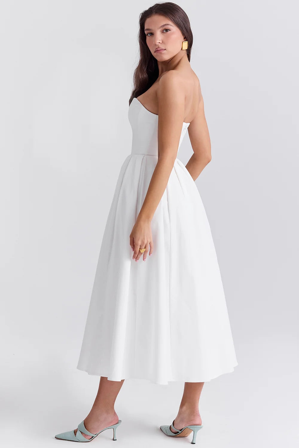 white strapless midi sundress