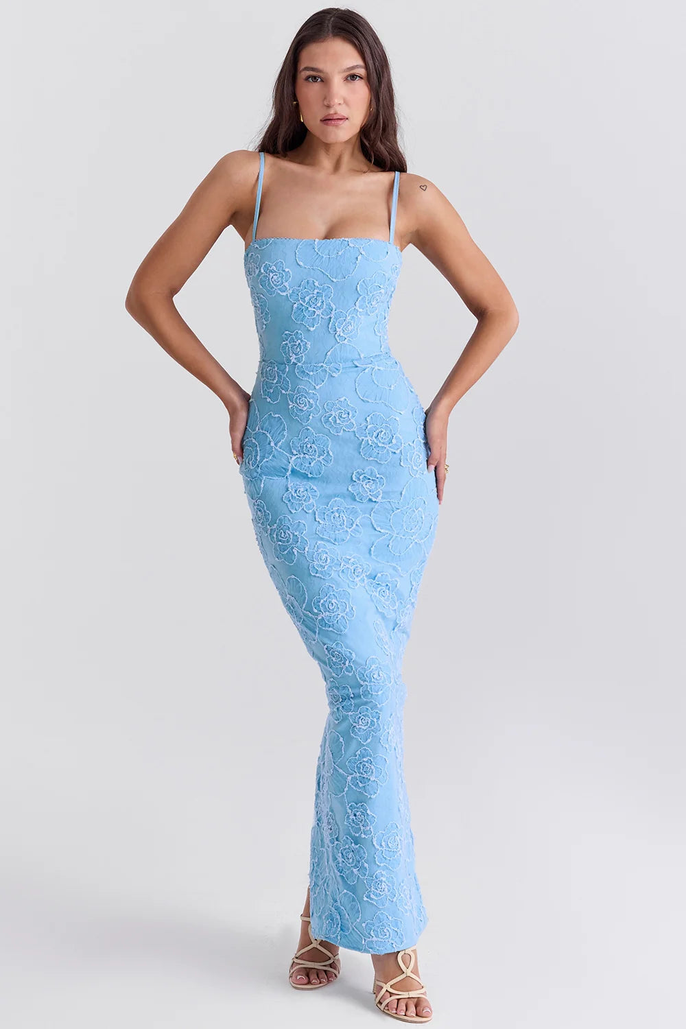 tuscan blue embroidered floral maxi dress