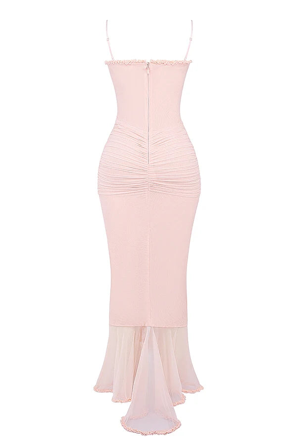 soft peach ruffled front gown