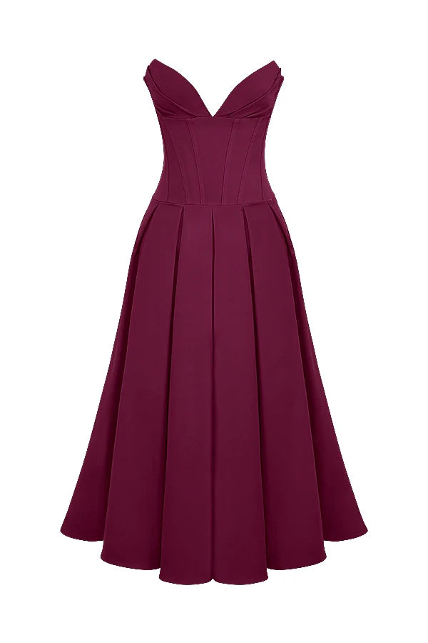wine strapless midi dress