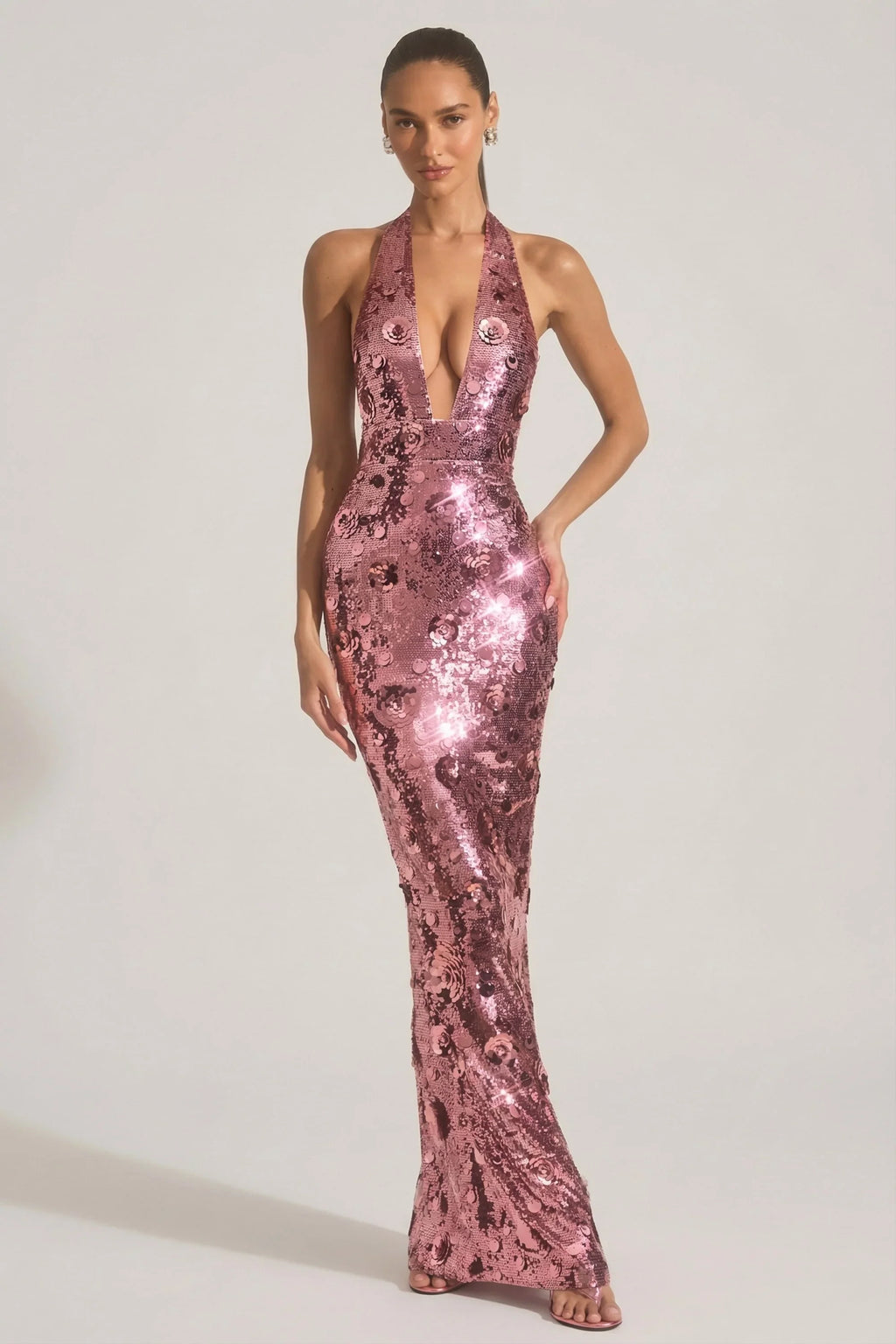 Sequin-Embellished Halterneck Maxi Dress in Pink