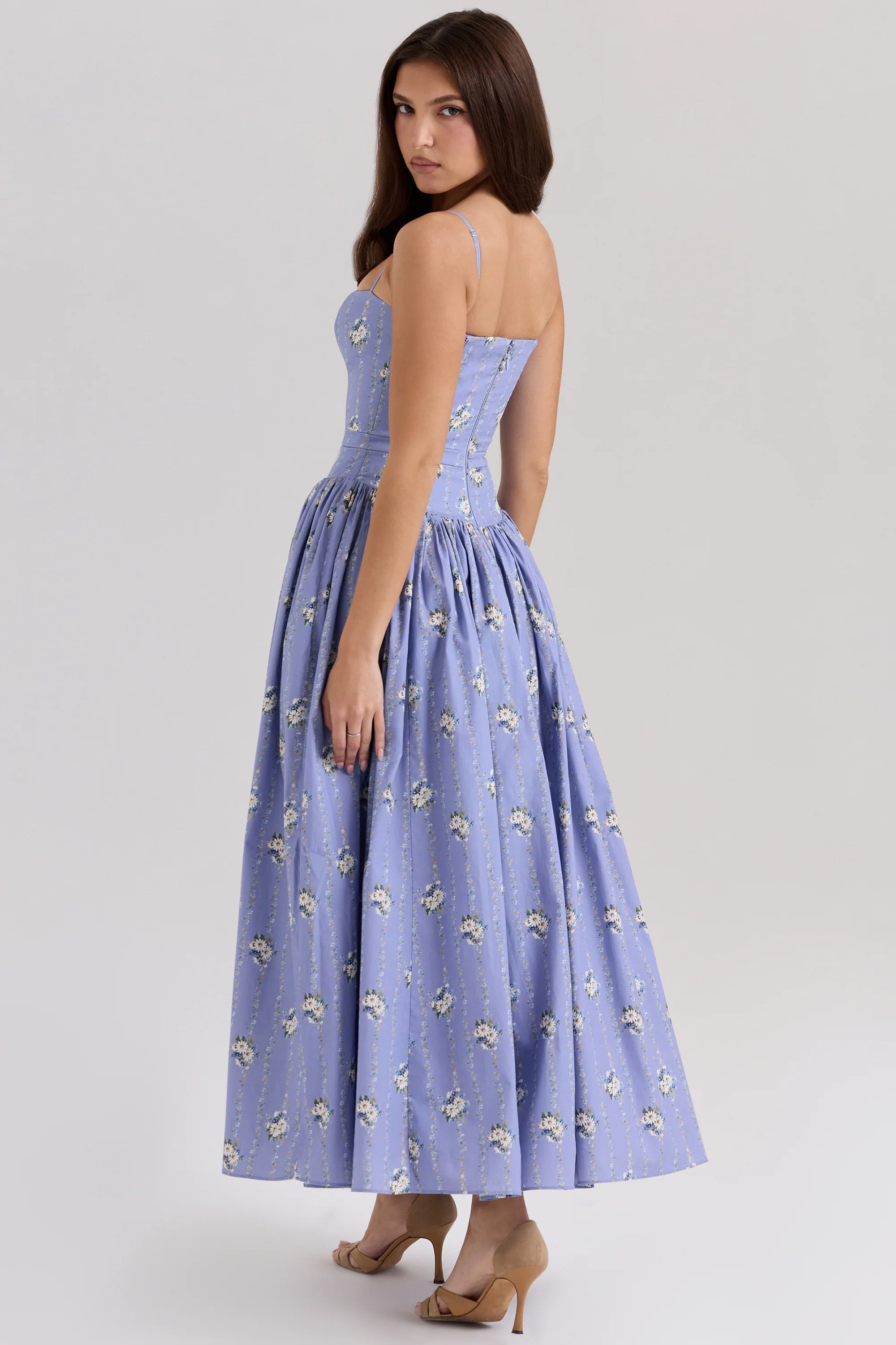 blue daisy print stretch cotton midi sundress