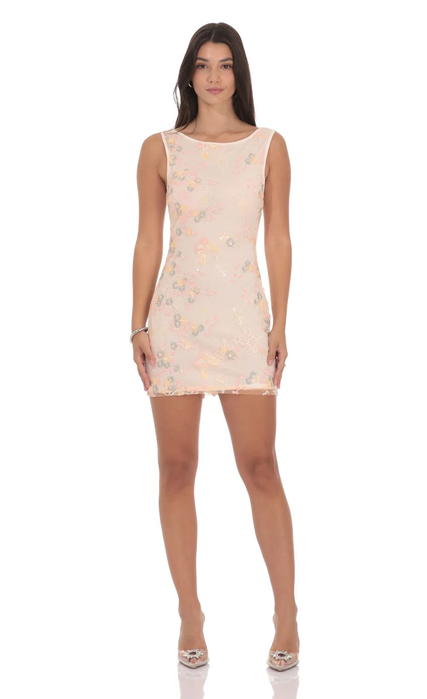 High Neck Floral Bodycon Dress in Light Pink