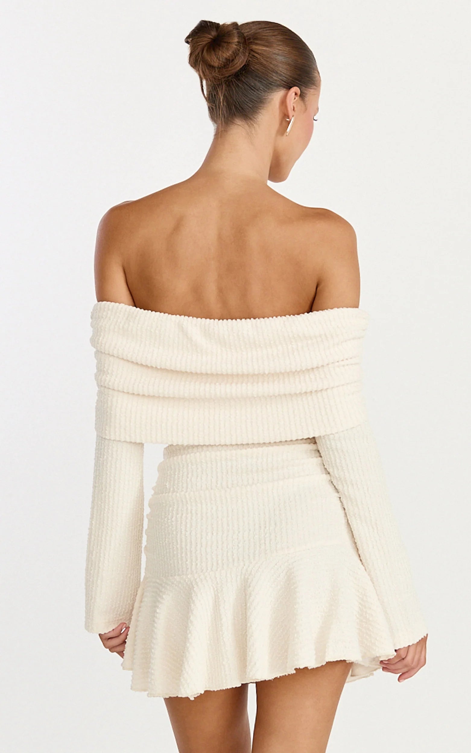 Maeve Mini Dress - Off Shoulder Long Sleeve Fit And Flare Mini Dress in Cream