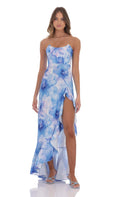 Floral Ruffle Slit Strapless Corset Maxi Dress in Blue