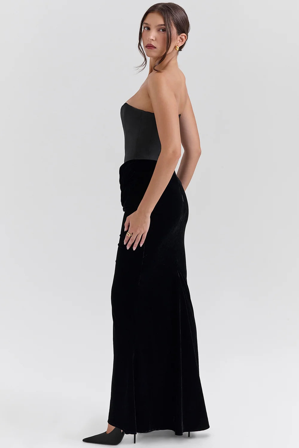 black velvet strapless corset maxi dress