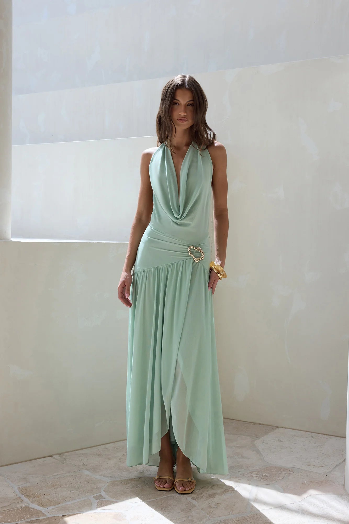 Floating Clouds Halter Mesh Maxi Dress Sage