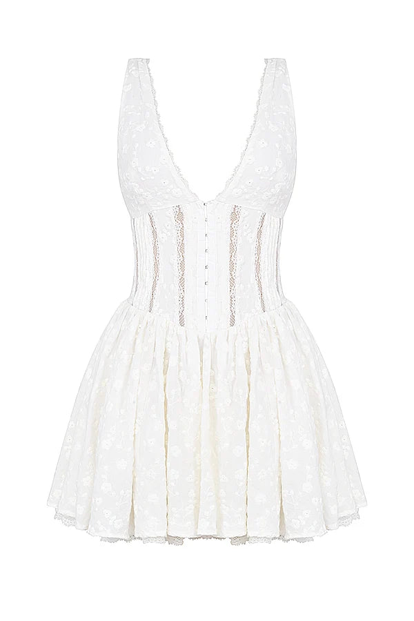 white cotton broderie anglais plunge mini dress