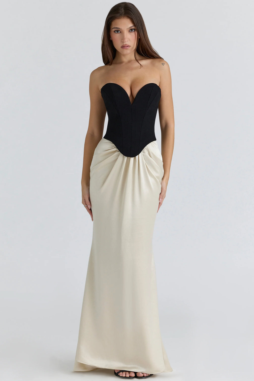 black & champagne corset maxi gown