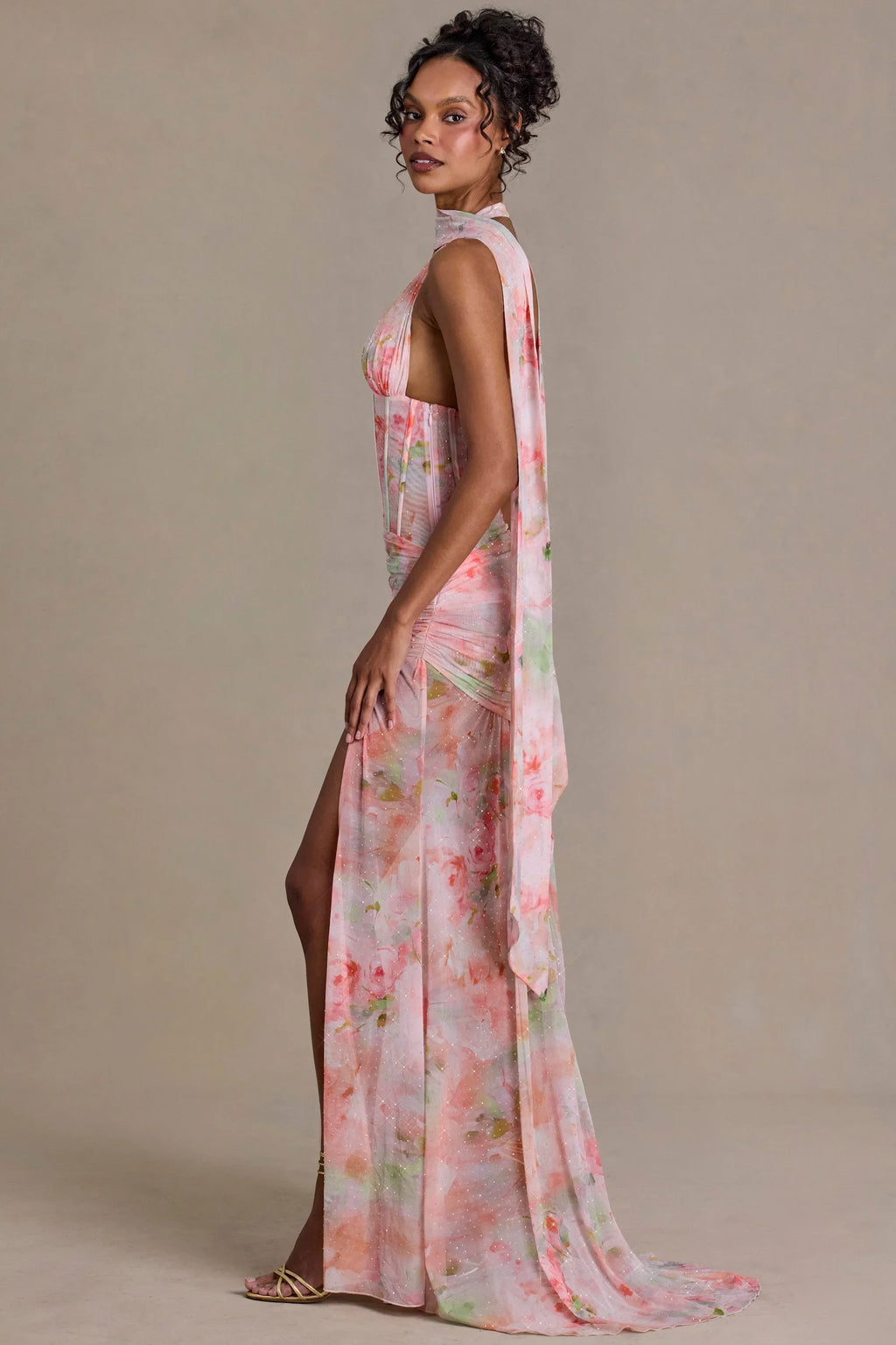 Premium Embellished Scarf-Detail Maxi Dress in Pink Floral Print