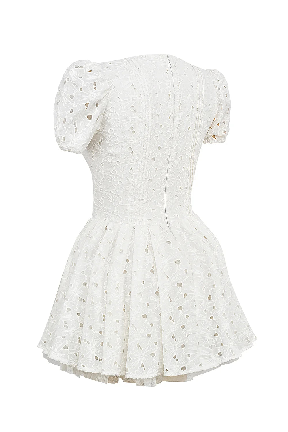 white pleated broderie anglais mini dress