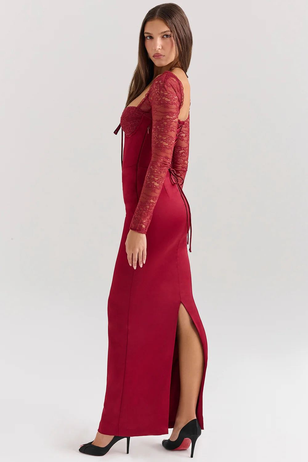 berry satin maxi dress with corset