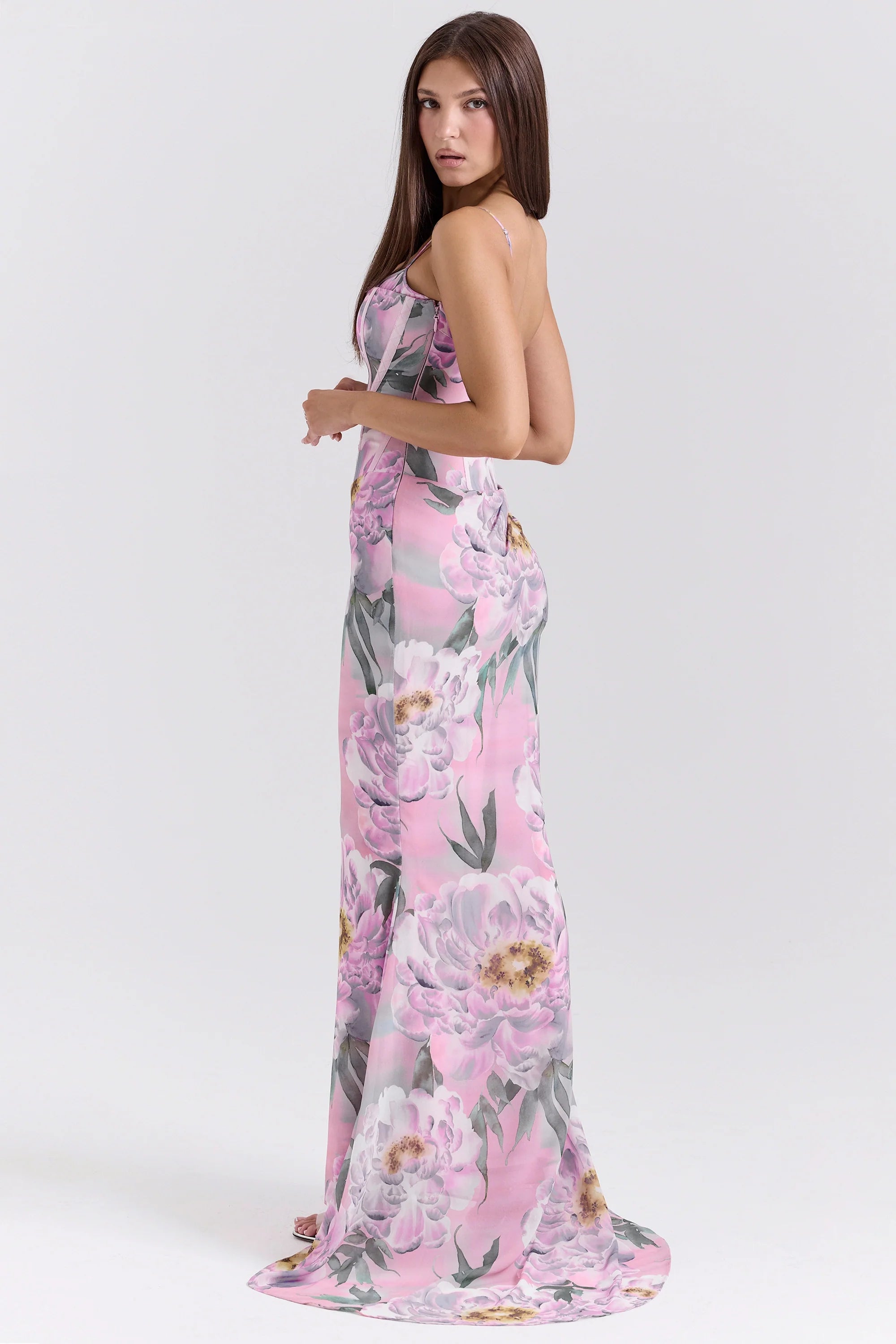 pink floral corset maxi dress