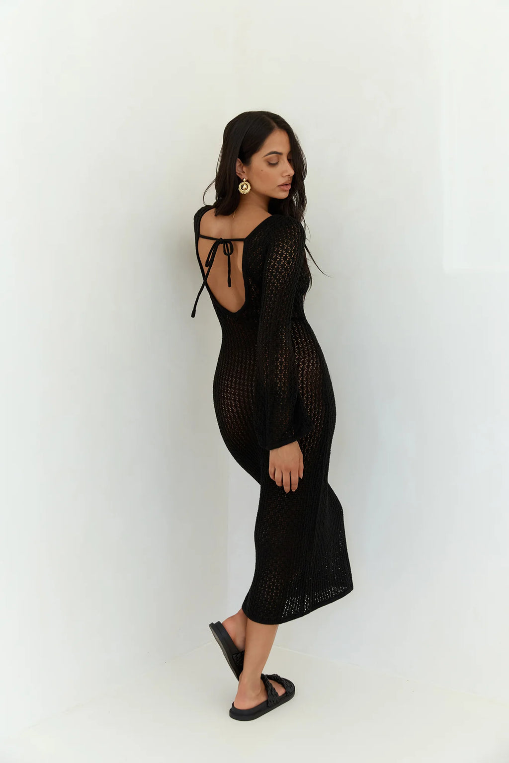 Sailing Into Sunset Knit Long Sleeve Maxi Dress Black