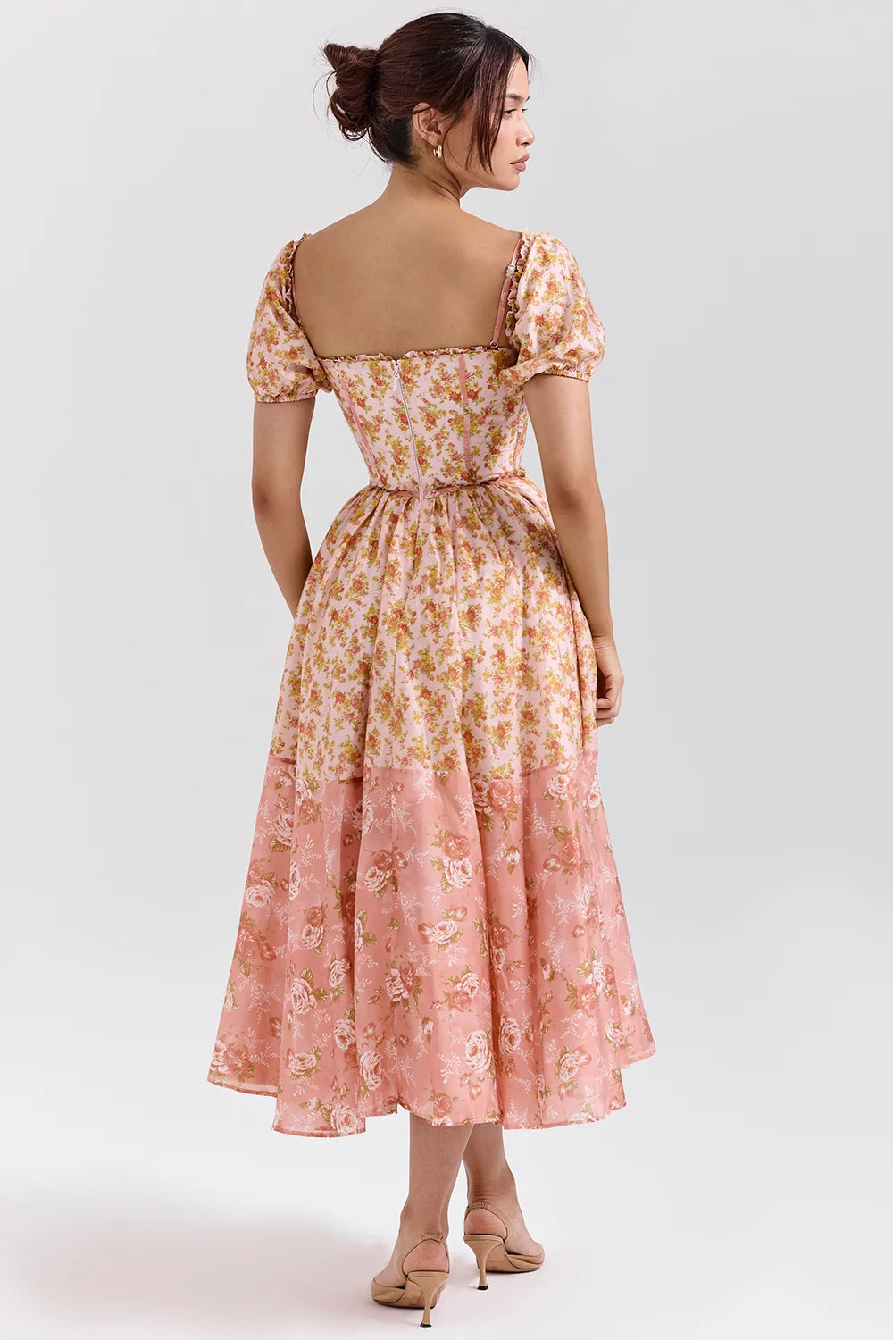 peach poppy print puff sleeve midi sundress
