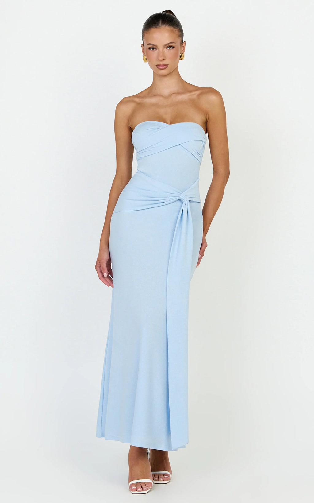 Aria Midi Dress - Strapless Tie Waist Dress in Light Blue