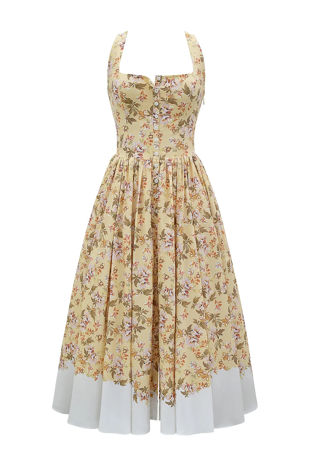 honeyflower print gathered cotton midi dress