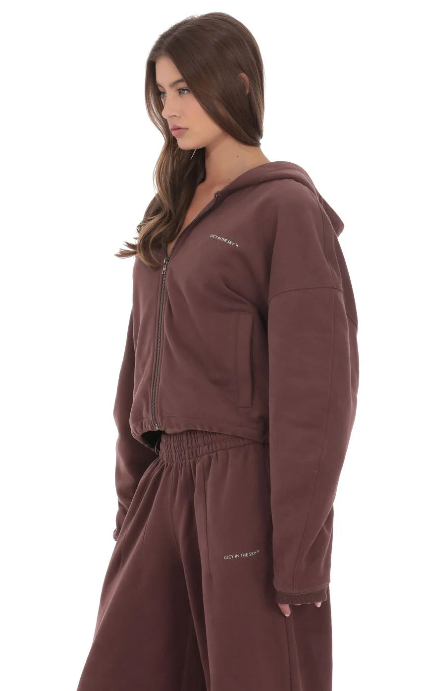 Cropped Fleece Zip-Up Hoodie in Brown
